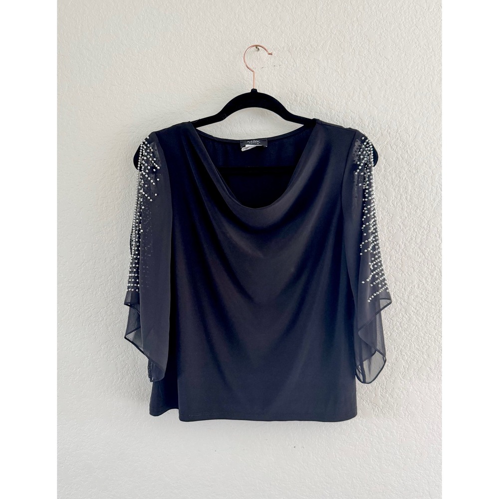 MSK Petite Blouse Women PS Black Rhinestone Cowl Neck Split‎ Mesh Sleeve
